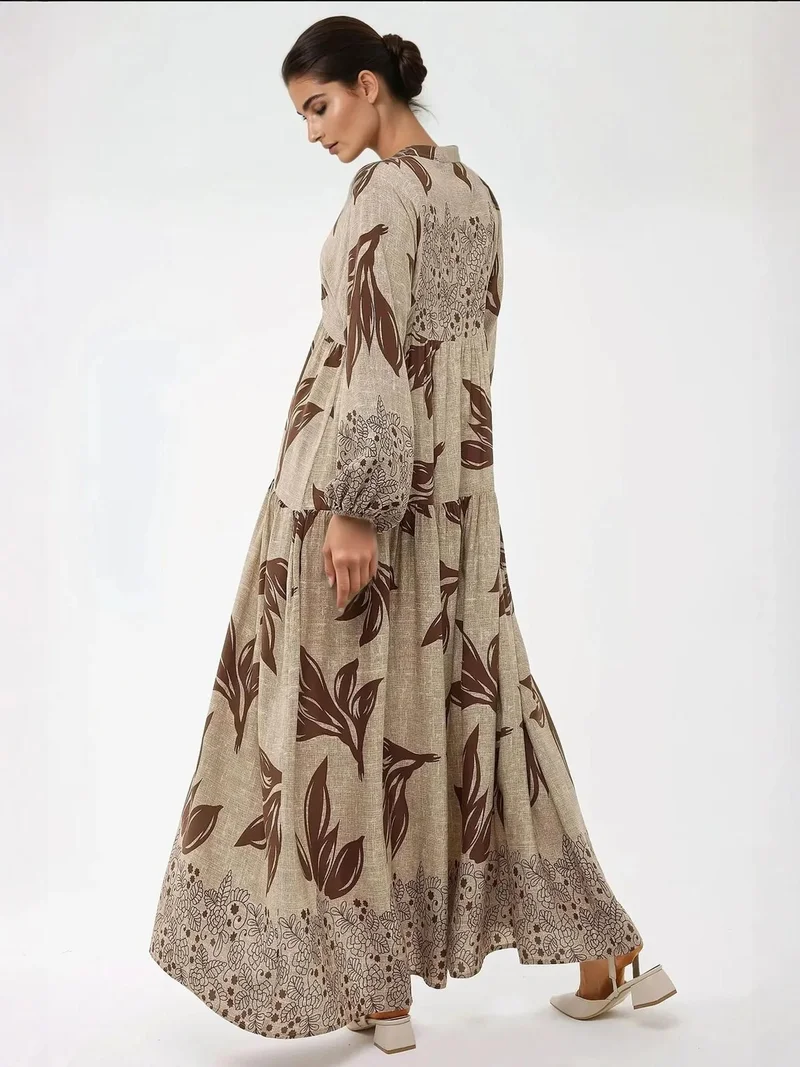 HICCUP beige Printed Long Sleeve Viscose Maxi Dress for Women | Best Price UAE