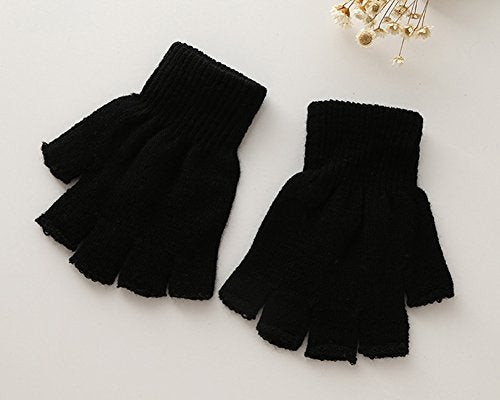 X&F Boys' and Girls' Solid Knitted Half Finger Mittens Typing Gloves, Small, Black - Image 2