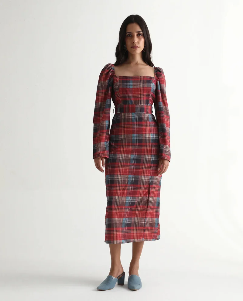 Rareism Rareism Women's Olappo Multi  Square Neck Zipper Closure Leg O Mutton Sleeve Checked Bodycon Midi Dress
