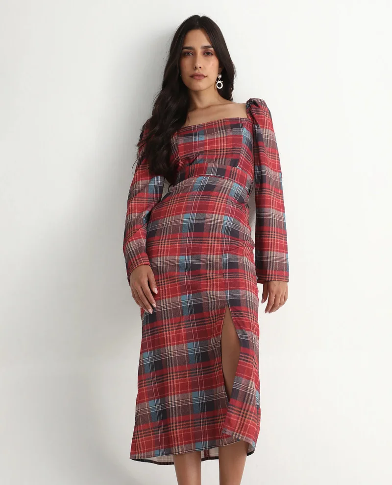 Rareism Rareism Women's Olappo Multi  Square Neck Zipper Closure Leg O Mutton Sleeve Checked Bodycon Midi Dress