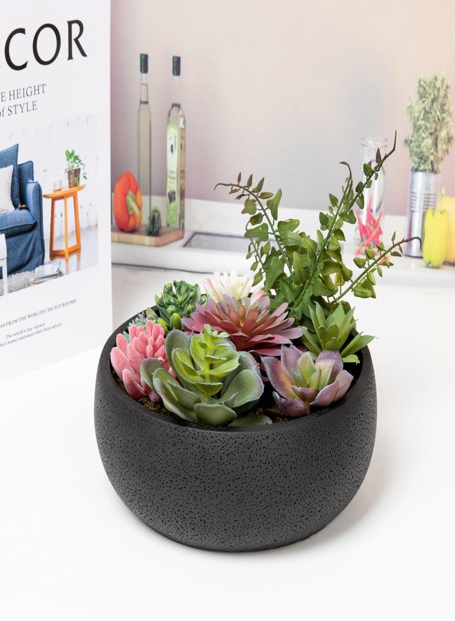 Nattol 8 Inch Round Modern Artificial Succulent Plant Arrangement, Assorted Fake Plants in Black Concrete Planter Bowl for Home Decoration - Image 2