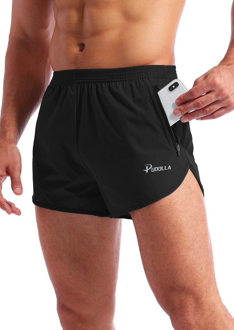 Pudolla Men’s Running Shorts 3 Inch Quick Dry Gym Athletic Workout Shorts for Men with Zipper Pockets(Black Small) - Image 1