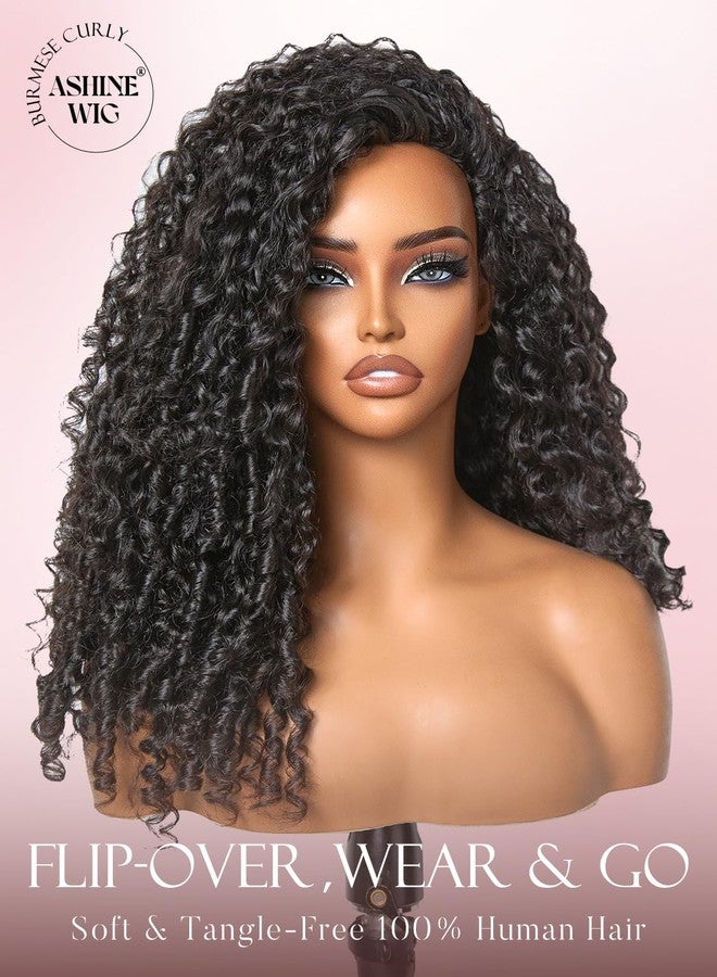 ASHINE Half Wig Human Hair Burmese Curly 180% Density Wear and Go Glueless Wig for Women Flip Over Natural Black 18 Inch with Clips and Drawstring - Image 2
