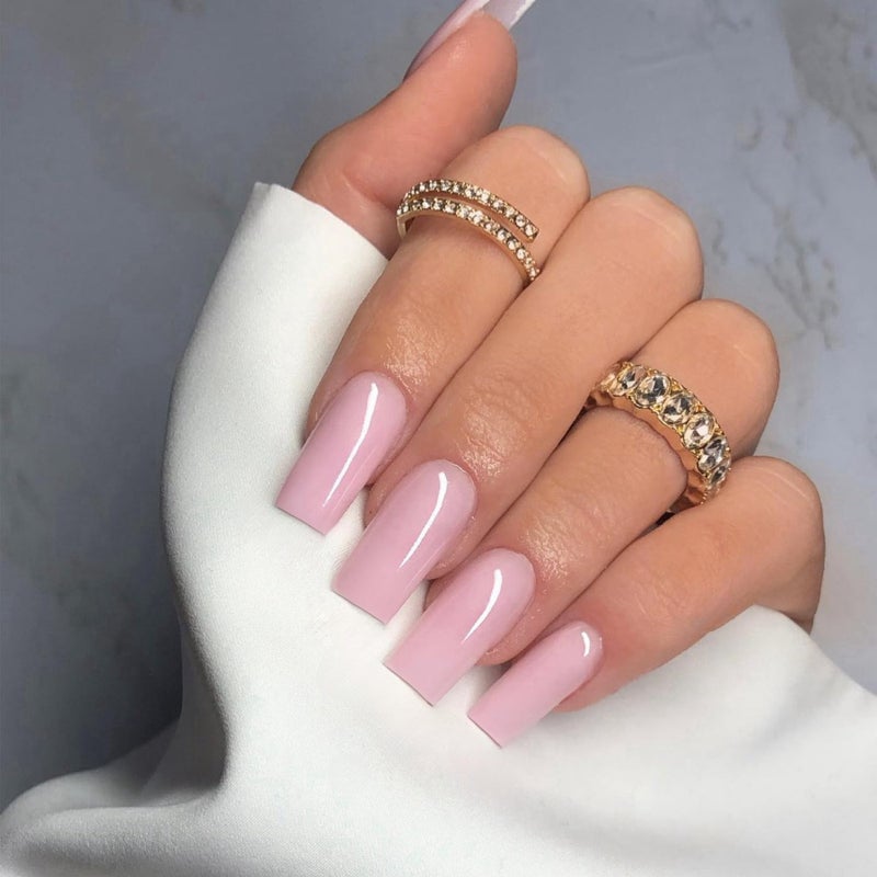 XCREANDO Pink Press On Nails Medium Long Square, Xcreando Medium Coffin Nails Acrylic Press ons Glue on Nails, Solid Color Fake Nail for Women, Natural Thick Artificial Stick on - Image 1