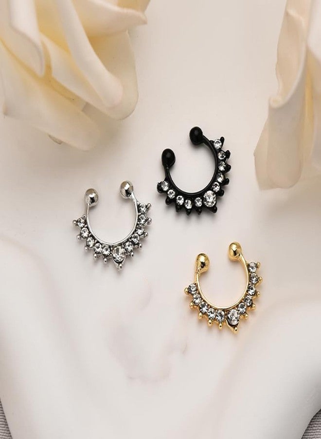 Buildcon 3-Piece Nose Ring, Fake Nose Ring for Women, Diamond Nose Pin Set, Non-Piercing Nose Jewelry for Weddings and Parties, 8mm*10mm*1mm - Image 3