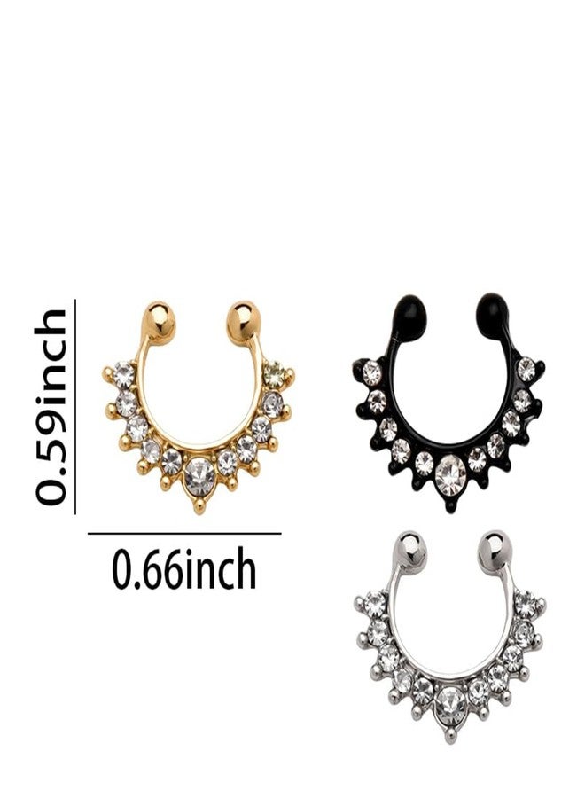 Buildcon 3-Piece Nose Ring, Fake Nose Ring for Women, Diamond Nose Pin Set, Non-Piercing Nose Jewelry for Weddings and Parties, 8mm*10mm*1mm - Image 2