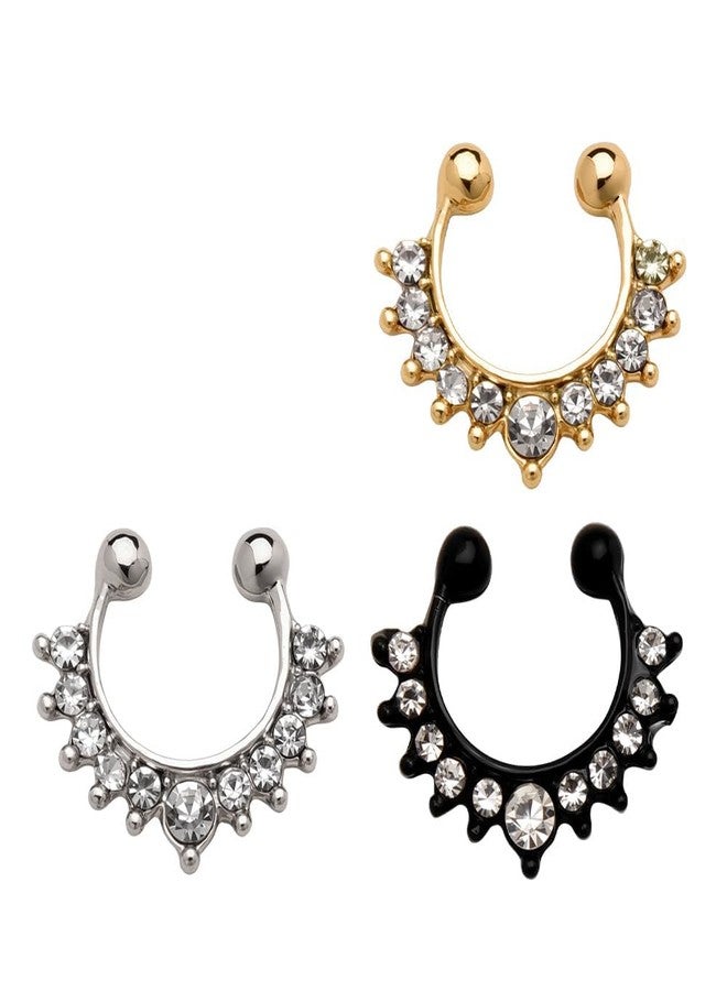 Buildcon 3-Piece Nose Ring, Fake Nose Ring for Women, Diamond Nose Pin Set, Non-Piercing Nose Jewelry for Weddings and Parties, 8mm*10mm*1mm - Image 1