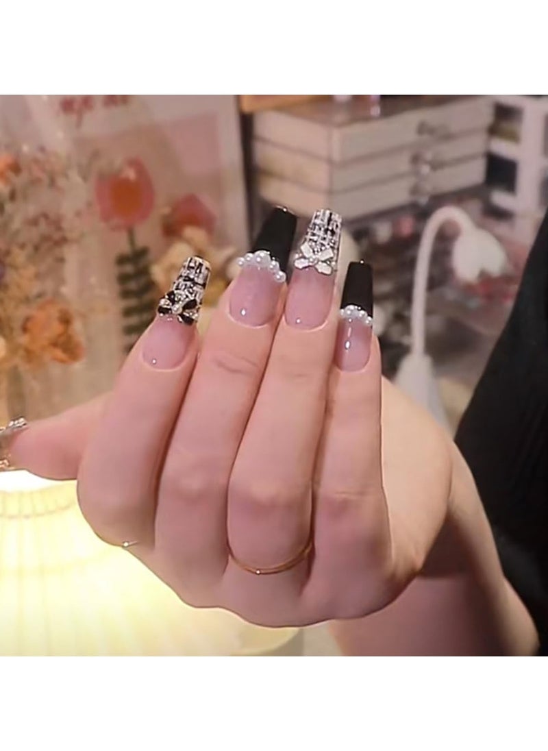 General Medium length black and white fake nails with inlaid bows and pearls, Chanel style fake nails for women and girls - 24 pieces  - Image 2