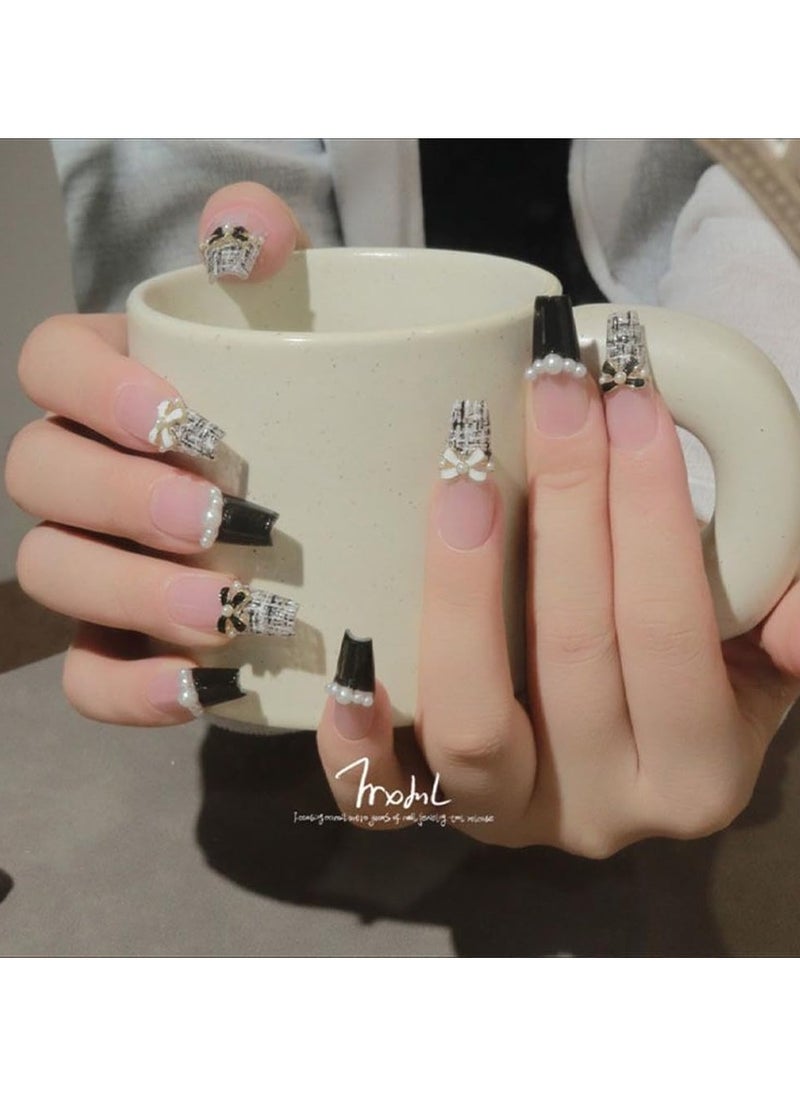 General Medium length black and white fake nails with inlaid bows and pearls, Chanel style fake nails for women and girls - 24 pieces  - Image 3