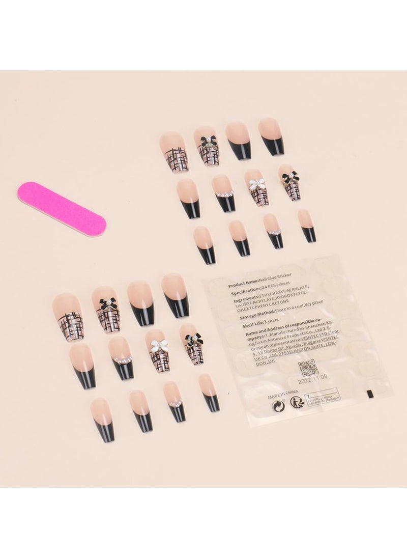 General Medium length black and white fake nails with inlaid bows and pearls, Chanel style fake nails for women and girls - 24 pieces  - Image 4
