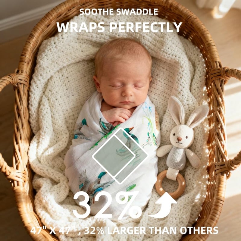 REZIPO 2 Pack Mallard Duck Muslin Swaddle Blankets 70% Bamboo 30% Cotton Breathable Receiving Blankets Gender Neutral Newborn Essentials for Baby Boy or Girl Soft and Large 47 x 47 Inches (Mallard Duck) - Image 3