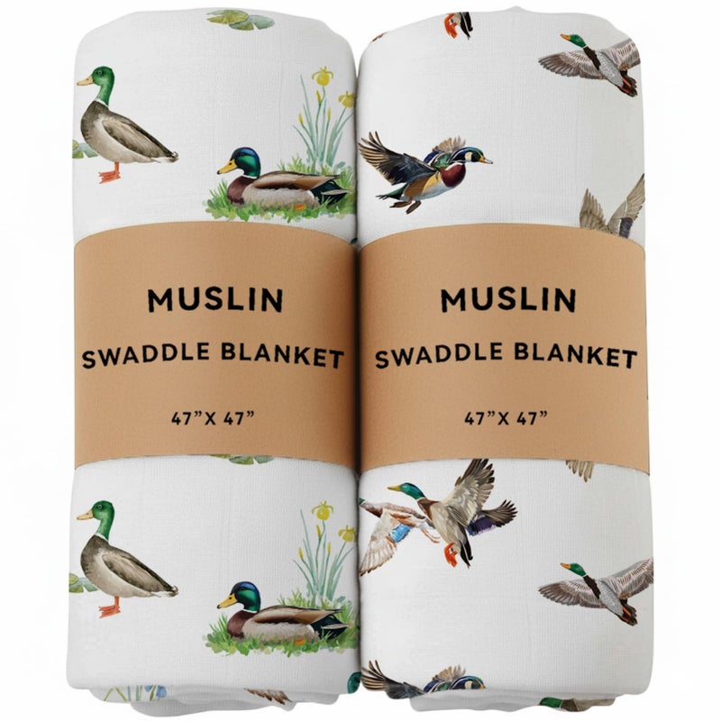 REZIPO 2 Pack Mallard Duck Muslin Swaddle Blankets 70% Bamboo 30% Cotton Breathable Receiving Blankets Gender Neutral Newborn Essentials for Baby Boy or Girl Soft and Large 47 x 47 Inches (Mallard Duck) - Image 1