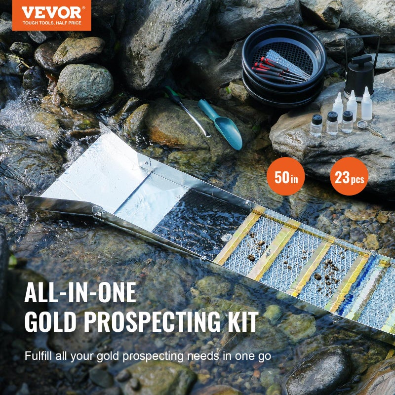VEVOR Complete Sluice Box Gold Panning Kit, 50" Folding Aluminum Alloy Gold Mining Equipment, 23 PCS Gold Prospecting Kit with Gold Pan, Classifier Screen, Separating Magnet, Backpack and More - Image 2
