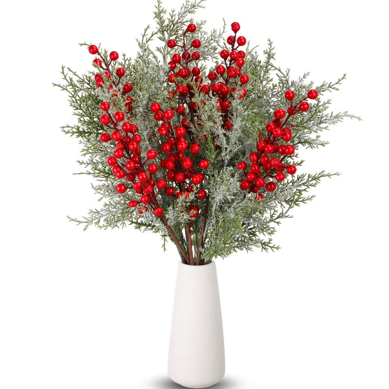 Yuxung 16 Pcs Christmas Tree Branches Filler Artificial Pine Branches with Berry Stems Christmas Tree Picks Greenery Sprays Berry and Cedar Picks for Vase Fillers Table DecorSnow CoverRed - Image 2