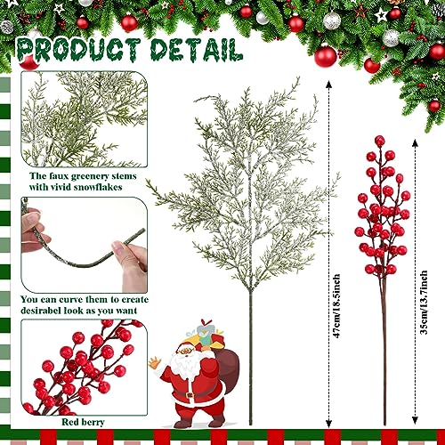 Yuxung 16 Pcs Christmas Tree Branches Filler Artificial Pine Branches with Berry Stems Christmas Tree Picks Greenery Sprays Berry and Cedar Picks for Vase Fillers Table DecorSnow CoverRed - Image 3