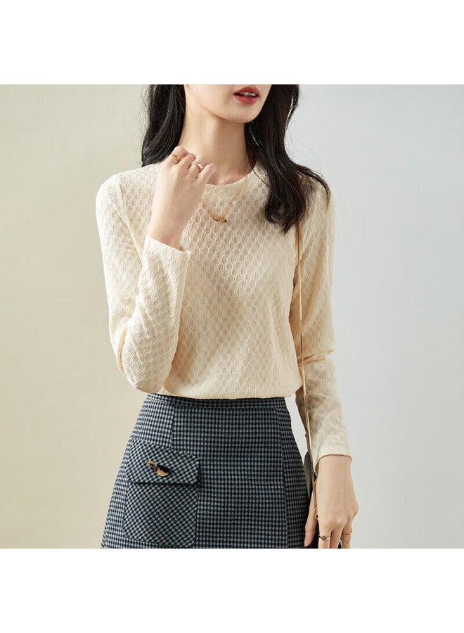 Sentubila Round Neck Long Sleeve Bottoming Shirt Women's Stylish Spring And Autumn Inner Wear High-end Feeling T-shirt Top Small Size Coconut Cream XL - Image 2