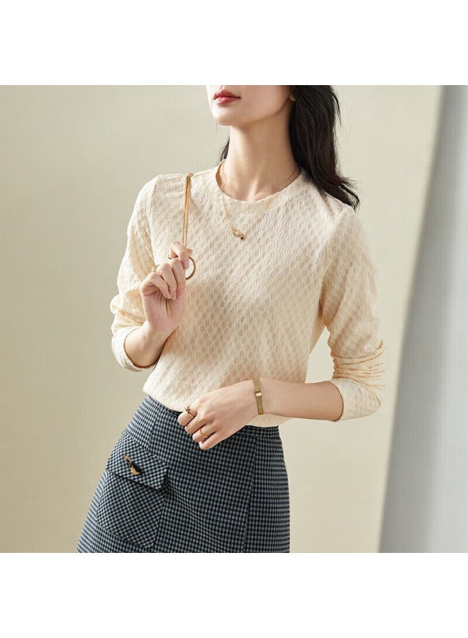 Sentubila Round Neck Long Sleeve Bottoming Shirt Women's Stylish Spring And Autumn Inner Wear High-end Feeling T-shirt Top Small Size Coconut Cream XL - Image 3