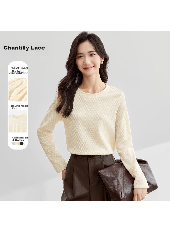 Sentubila Round Neck Long Sleeve Bottoming Shirt Women's Stylish Spring And Autumn Inner Wear High-end Feeling T-shirt Top Small Size Coconut Cream XL - Image 1