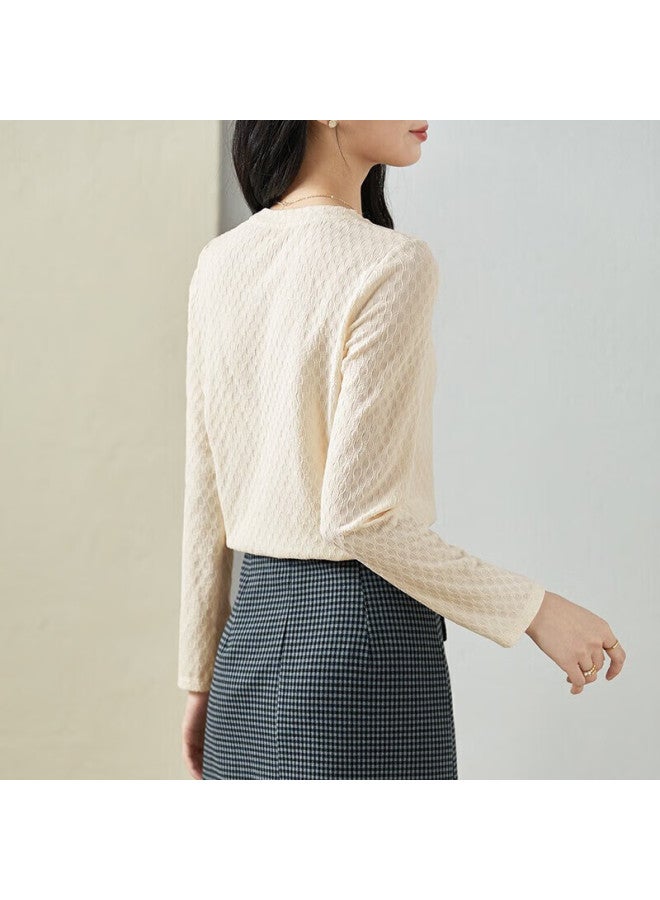 Sentubila Round Neck Long Sleeve Bottoming Shirt Women's Stylish Spring And Autumn Inner Wear High-end Feeling T-shirt Top Small Size Coconut Cream XL - Image 4
