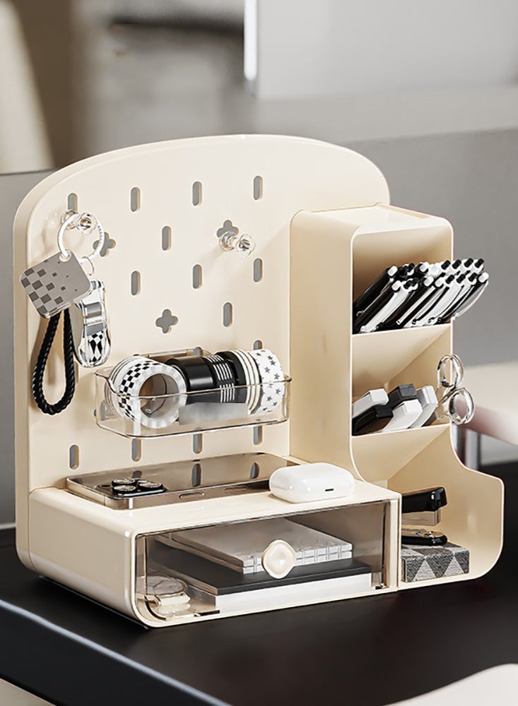 Pen/Pencil Holder, Plastic Desk Organizer with Drawer & Pegboard for Stationary, Office Supplies, Desk Accessories, Multiple Compartments Desktop Organizer for Home School Office, TC-1001 (White) - Image 1