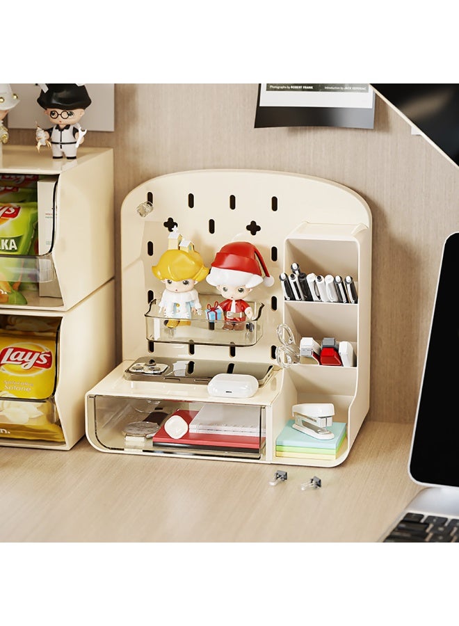 Pen/Pencil Holder, Plastic Desk Organizer with Drawer & Pegboard for Stationary, Office Supplies, Desk Accessories, Multiple Compartments Desktop Organizer for Home School Office, TC-1001 (White) - Image 3