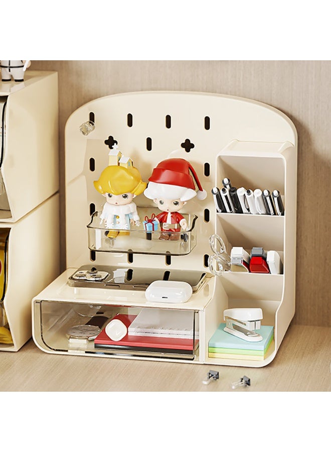 Pen/Pencil Holder, Plastic Desk Organizer with Drawer & Pegboard for Stationary, Office Supplies, Desk Accessories, Multiple Compartments Desktop Organizer for Home School Office, TC-1001 (White) - Image 4