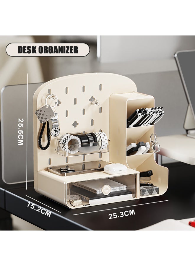 Pen/Pencil Holder, Plastic Desk Organizer with Drawer & Pegboard for Stationary, Office Supplies, Desk Accessories, Multiple Compartments Desktop Organizer for Home School Office, TC-1001 (White) - Image 2