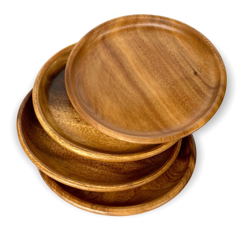 WRIGHTMART Wooden Plates Handcrafted Set of 4 8 Round Acacia Hardwood Platter Natural Rustic Durable Tableware for Side Dish Sandwich Salad Dessert Appetizer