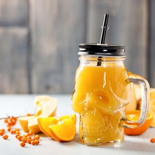 TOPZEA 6 عبوة أكواب زجاجية على شكل جمجمة مع مقبض، 16 أونصة، أكواب بيرة زجاجية، كوب واسع الفم مع مصاصات وأغطية، أكواب بار نوفل لمشروبات الهالوين، الكحول، خلط الكوكتيل - Image 5