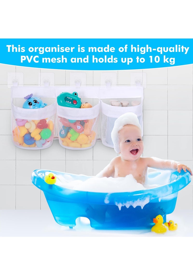 Bebiland - Large Bath Toy Storage Organizer, 60cm Mesh Baby Bath Toy Storage with 3 Compartment Large Openings, Quick Drying Bath Toy Net Bath Toy Tidy with 5 Strong Suction Hooks - Image 1