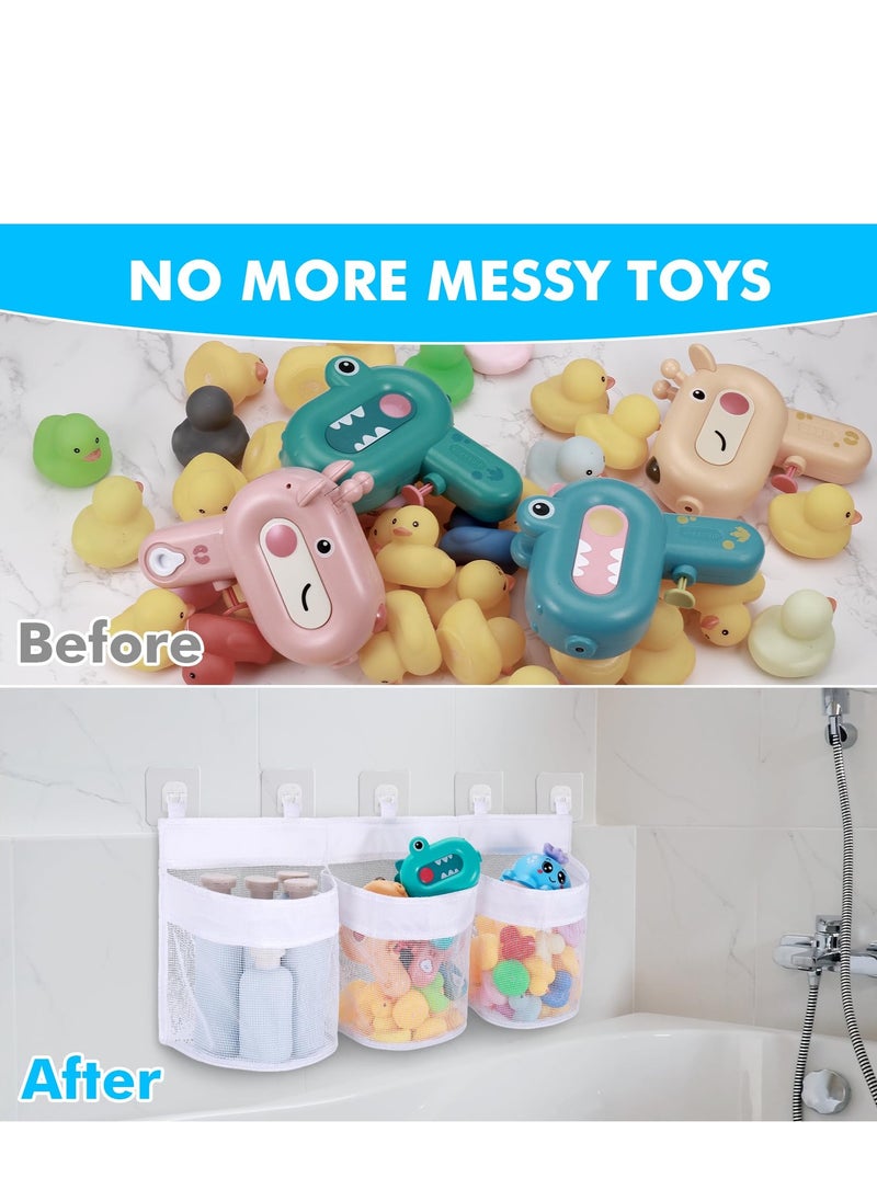 Bebiland - Large Bath Toy Storage Organizer, 60cm Mesh Baby Bath Toy Storage with 3 Compartment Large Openings, Quick Drying Bath Toy Net Bath Toy Tidy with 5 Strong Suction Hooks - Image 1
