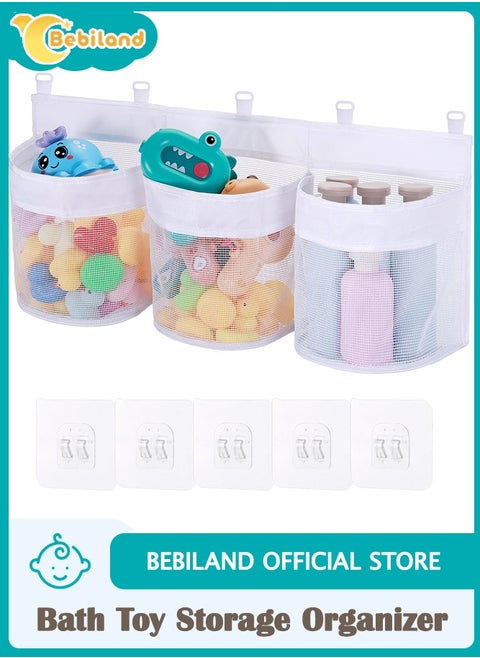 Large Bath Toy Storage Organizer, 60cm Mesh Baby Bath Toy Storage with 3 Compartment Large Openings, Quick Drying Bath Toy Net Bath Toy Tidy with 5 Strong Suction Hooks