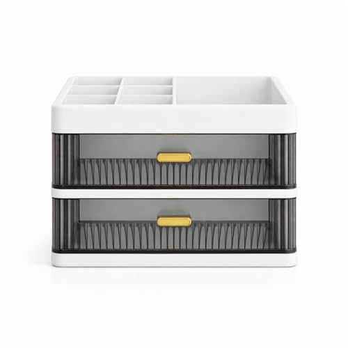 HoopVool Desk Makeup Organizer, Plastic Storage Box with Sliding Drawer, Stylish Display Case for Cosmetics, Lotion, Nail Polish,Brushes,and Jewelry (2 - Layer, White) - Image 1