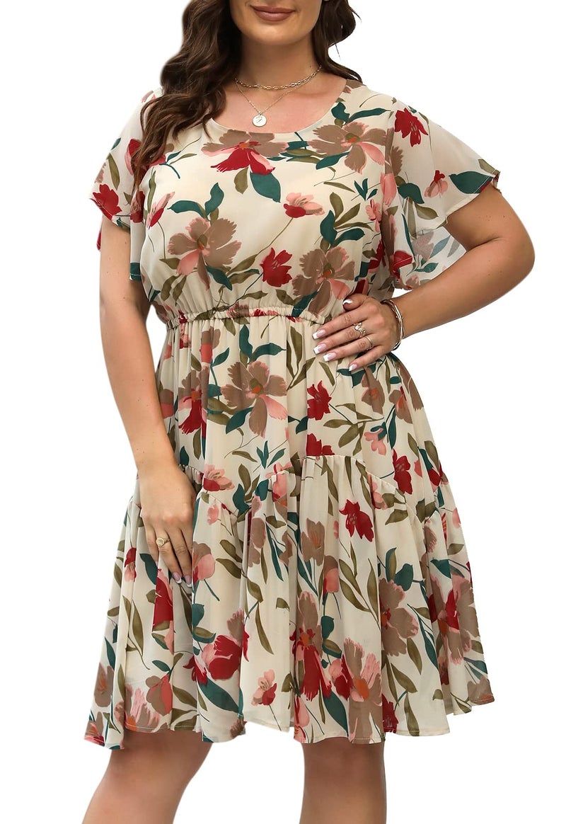Nemidor Plus Size Summer Dresses for Curvy Women Casual Boho Midi Chiffon Print Floral Dress with Ruffle Sleeve 142629714Apricot Print