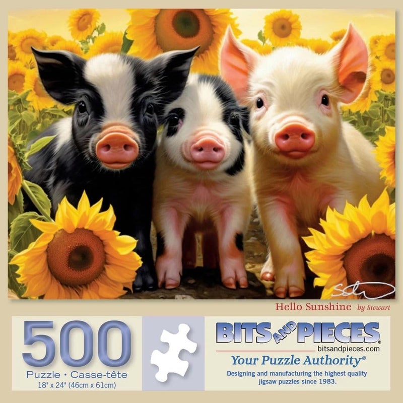 Bits and Pieces 500 Piece Puzzles for Adults Large 18 x 24 Jigsaw Puzzles 500 Pieces Baby Pigs in Sunflowers Random Die Cut No 2 Pieces Alike Hello Sunshine - Image 3