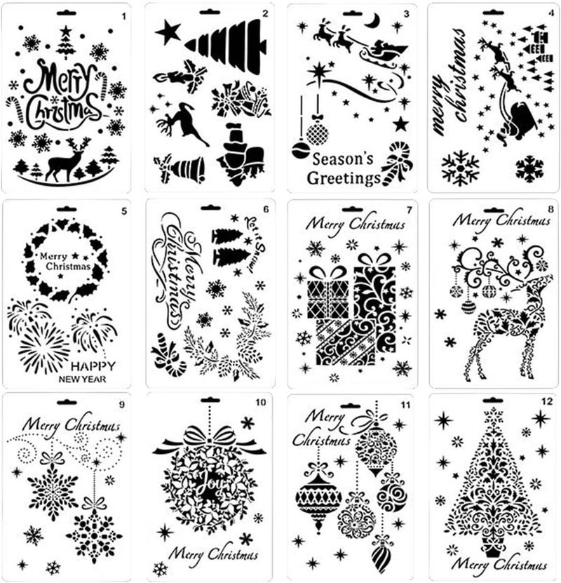 comfrt 12 Pcs Christmas Stencils Template, Reusable Plastic Craft for Art Drawing Painting Spraying Window Glass Door Car Wood Journaling Scrapbook Holiday Xmas Snowflake DIY Decoration - Image 1