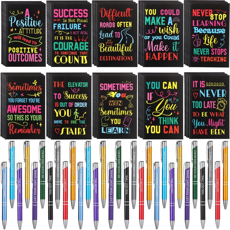 Sabary 100 Pcs Inspirational Notepads Ballpoint Pens Sets Mini Motivational Pocket Notebooks Journals Bulk Christmas Teacher Appreciation Gifts for Office Supplies(Inspirational) - Image 1