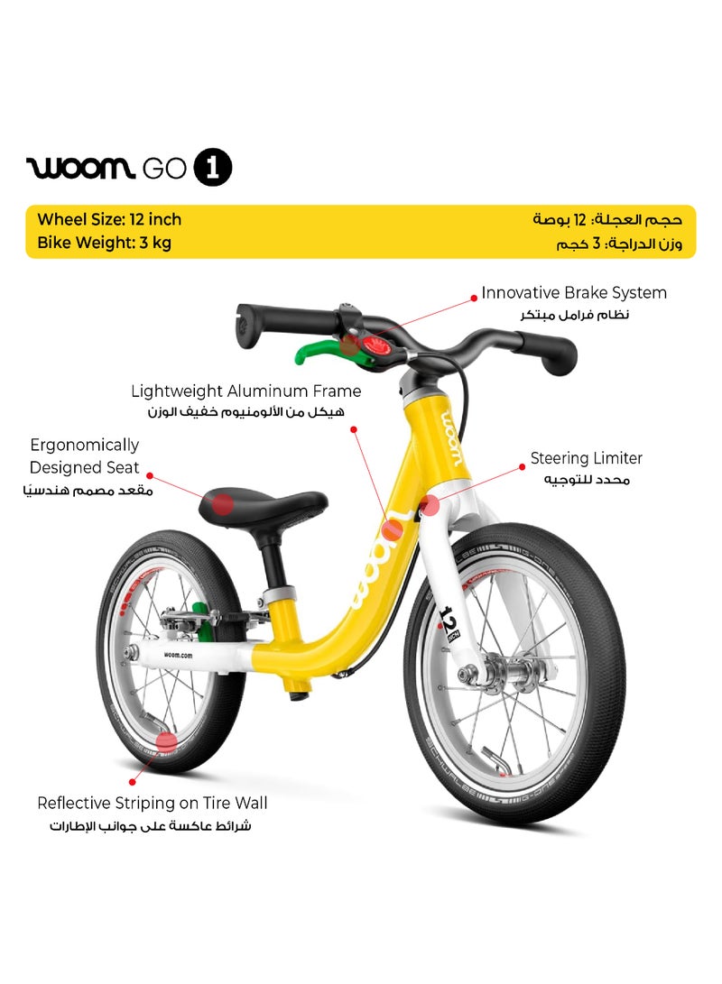 Woom GO 1 Balance Bike for Toddlers|12-inch Wheels|Lightweight Aluminum Frame|Rear Hand Brake|Ages 1.5-3.5|Vibrant Yellow - Image 2