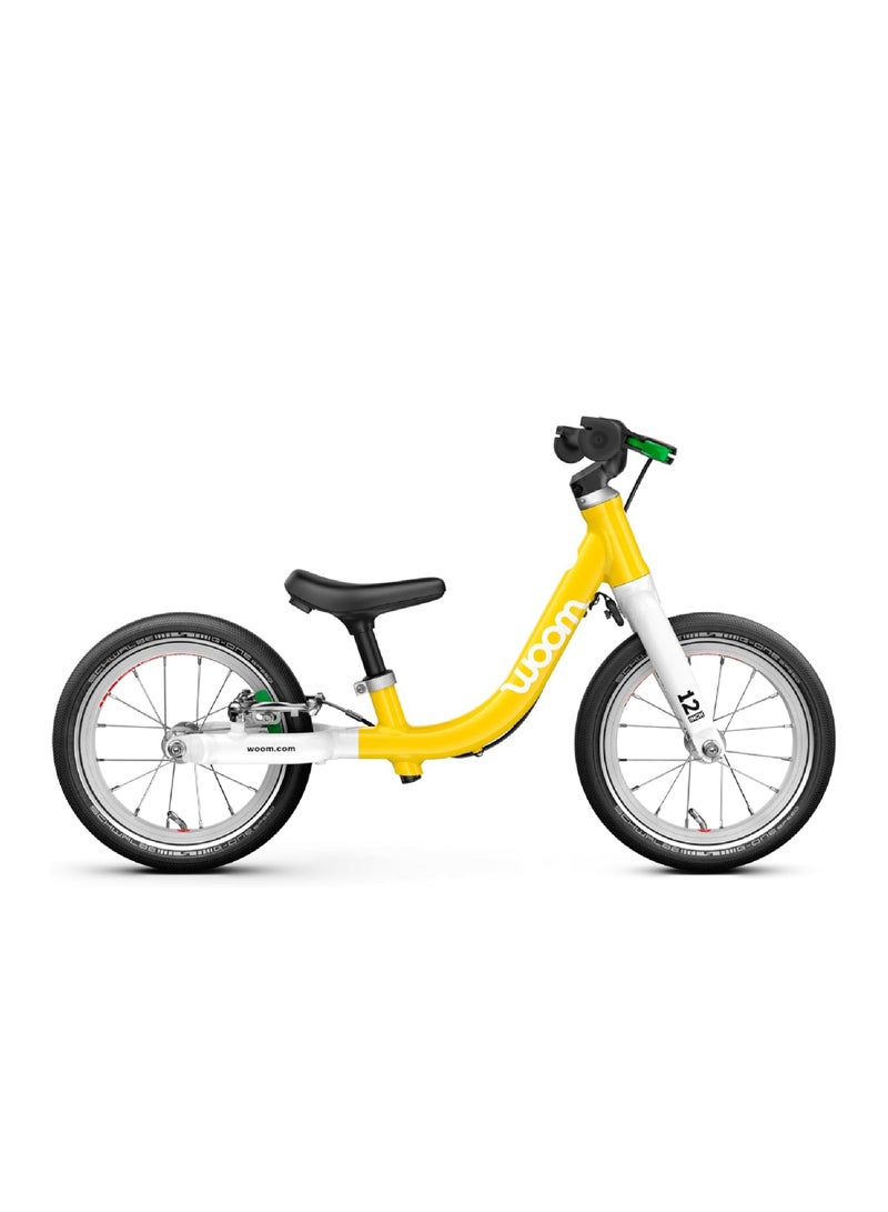 Woom GO 1 Balance Bike for Toddlers|12-inch Wheels|Lightweight Aluminum Frame|Rear Hand Brake|Ages 1.5-3.5|Vibrant Yellow - Image 1