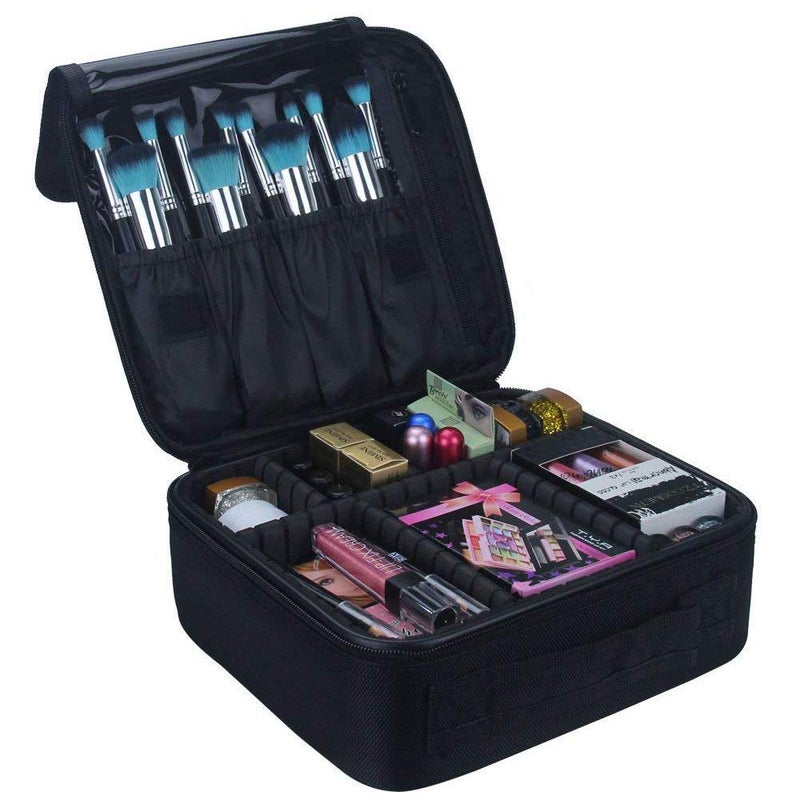 Pushkh Travel Makeup Cosmetic Storage Case Professional Make up Train Case Cosmetic Box Portable Travel Artist Storage Bag Brushes Bag Toiletry Organizer Tool with Adjustable Dividers Black - Image 5