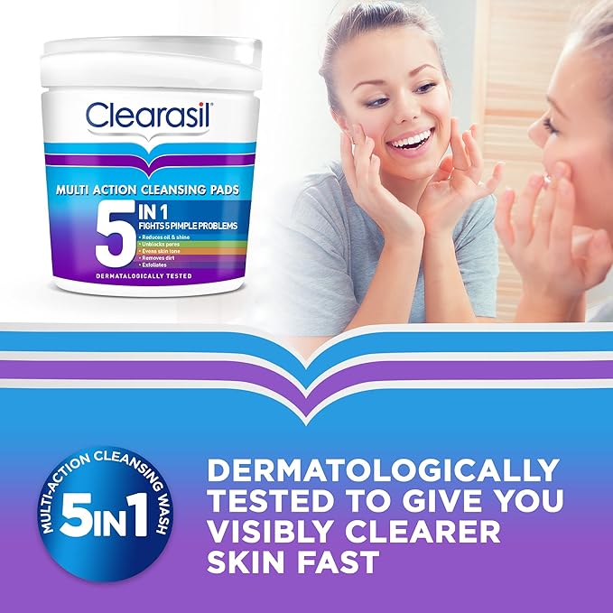 Clearasil كليراسيل 5 في 1 وسادات تنظيف متعددة الوظائف بحمض الساليسيليك لتقشير الوجه للبشرة المعرضة لحب الشباب، فتح المسام، تقليل الرؤوس السوداء، البثور، والزيوت الزائدة، للوقاية من البقع اليومية 65 لكل منها x 3 - Image 3