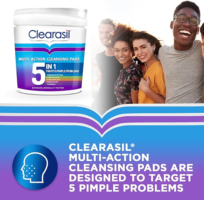 Clearasil كليراسيل 5 في 1 وسادات تنظيف متعددة الوظائف بحمض الساليسيليك لتقشير الوجه للبشرة المعرضة لحب الشباب، فتح المسام، تقليل الرؤوس السوداء، البثور، والزيوت الزائدة، للوقاية من البقع اليومية 65 لكل منها x 3 - Image 2