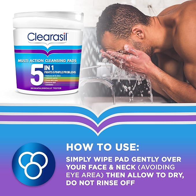 Clearasil كليراسيل 5 في 1 وسادات تنظيف متعددة الوظائف بحمض الساليسيليك لتقشير الوجه للبشرة المعرضة لحب الشباب، فتح المسام، تقليل الرؤوس السوداء، البثور، والزيوت الزائدة، للوقاية من البقع اليومية 65 لكل منها x 3 - Image 5