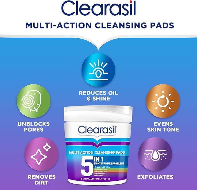 Clearasil كليراسيل 5 في 1 وسادات تنظيف متعددة الوظائف بحمض الساليسيليك لتقشير الوجه للبشرة المعرضة لحب الشباب، فتح المسام، تقليل الرؤوس السوداء، البثور، والزيوت الزائدة، للوقاية من البقع اليومية 65 لكل منها x 3 - Image 4
