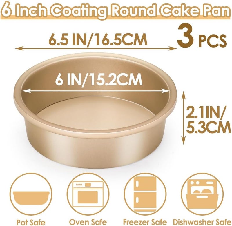 Cyimi 6 Inch Round Cake Pan Set of 3, Nonstick Coating Baking Round Cake Pans with Remvable Bottom for Birthday Layered Cakes,Party, Circle Cake Tins With Wider Grips for Oven Air Fryer, Gold - Image 2