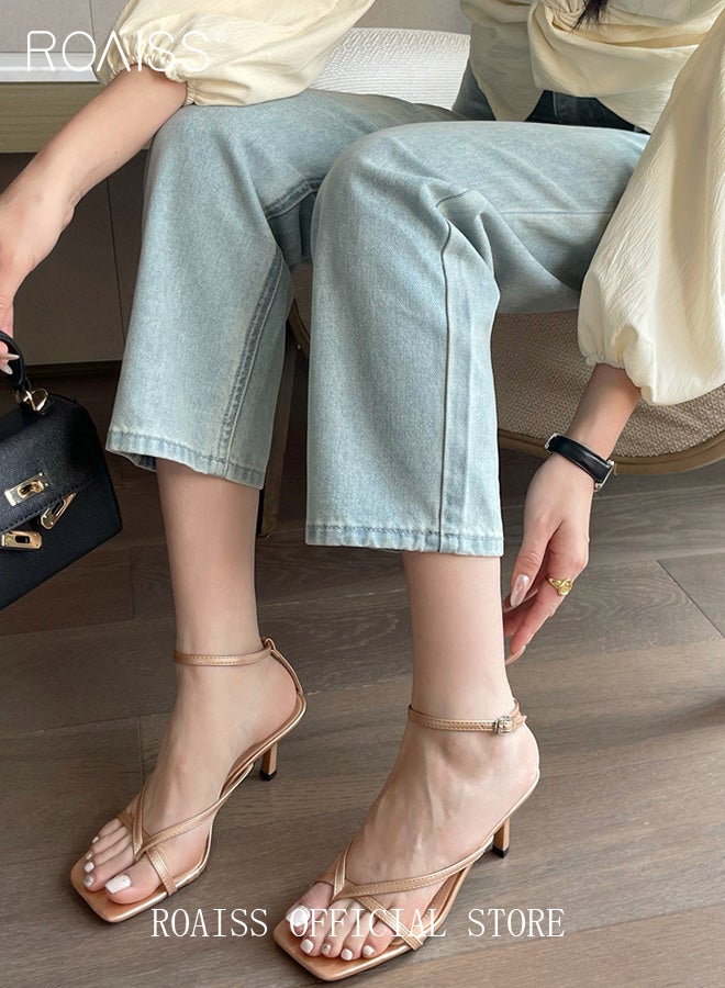 رويس حذاء نسائي بكعب عالٍ مفتوح من الخلف ومقدمة مربعة وحزام للكاحل لتعزيز مظهر الكاحل، حذاء بكعب عالٍ بمشبك أصابع القدم سهل الارتداء ومستقر للنساء، كعب ستيليتو أنيق وأنيق مثالي للمناسبات المسائية، لون بيج - Image 4