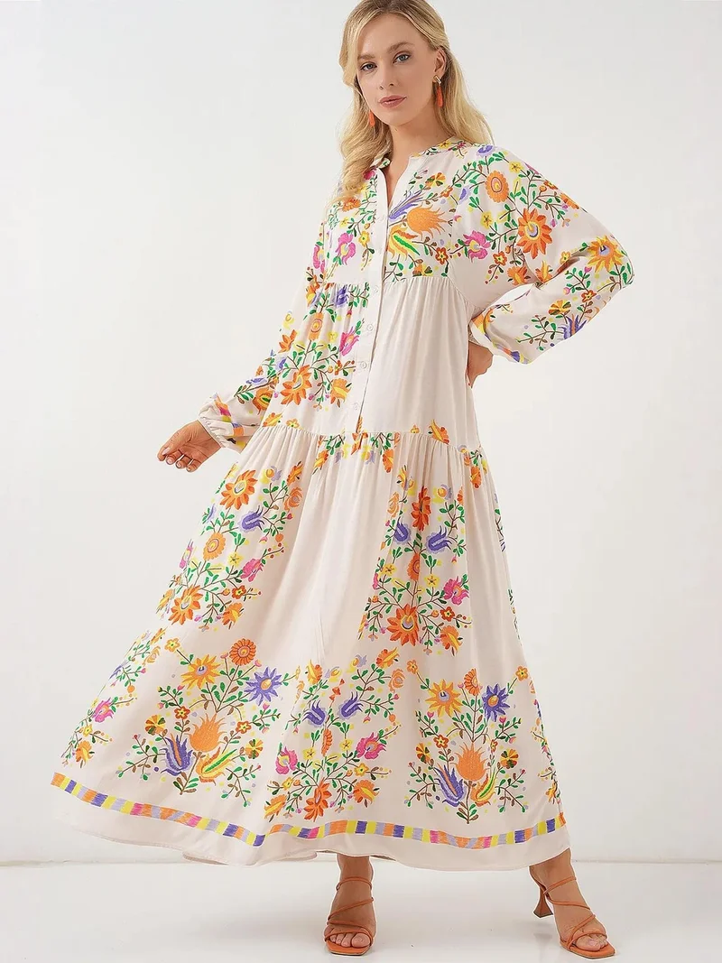 بيغ دارت فستان ماكسي بياقة على شكل حرف  بنقوش