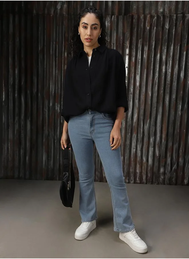 HIGH STAR Women Oversized Solid Cotton with Geathers At Shoulder Casual Shirt