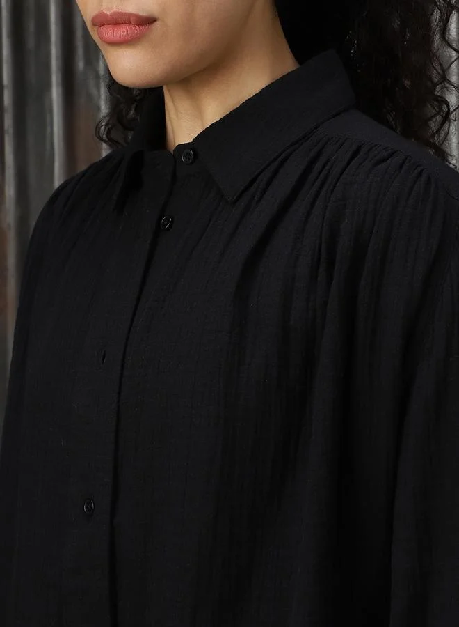 HIGH STAR Women Oversized Solid Cotton with Geathers At Shoulder Casual Shirt