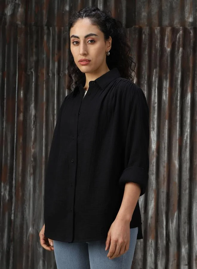 HIGH STAR Women Oversized Solid Cotton with Geathers At Shoulder Casual Shirt